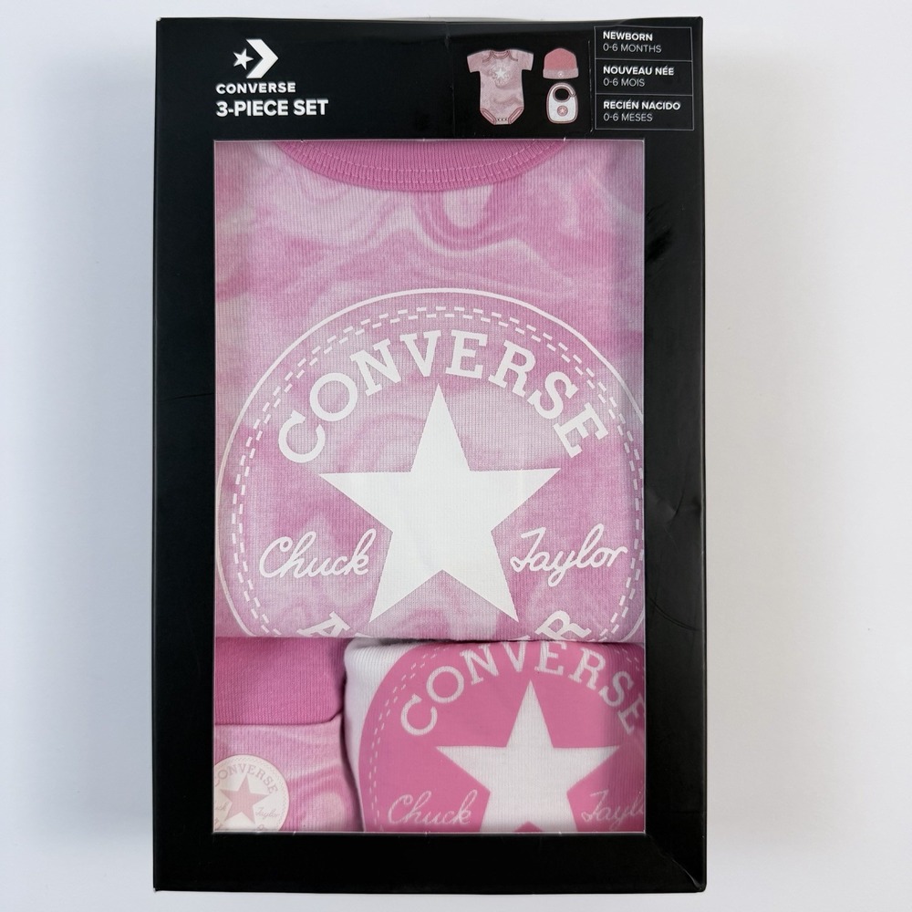 Converse Baby Girls 3Pc Bodysuit Hat Bib Set Pink White 0-6M Gift Set NIB